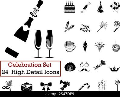 Set of 24 Celebration Icons in Black Color. Stock Vector