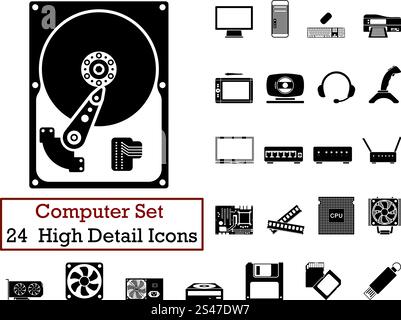 Set of 24 Computer Icons in Black Color. Stock Vector