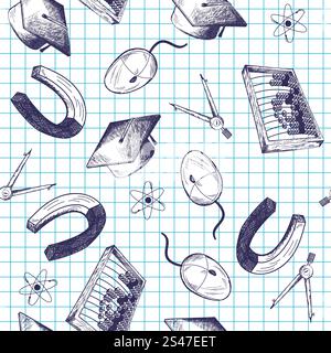 Seamless pattern with  hand drawn education theme on checkered copybook background Stock Vector
