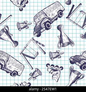 Seamless pattern with  hand drawn education theme on checkered copybook background Stock Vector