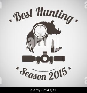 Hunting Vintage Emblem. Wild Boar Silhouette With Scope on It and Rifle Ammo.  Suitable for Advertising, Hunt Equipment, Club And Other Use. Dark Brown Retro Style.  Vector Illustration. Stock Vector