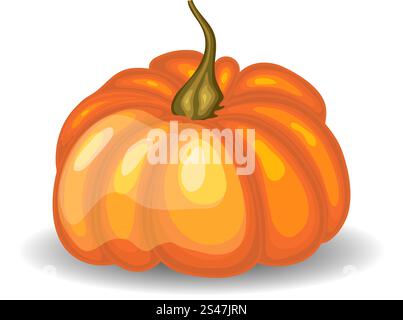 Beautiful Glossy Orange Pumpkin over White Background. Cute Icon  Suitable For Creating Fall,  Food, Thanksgiving Day, Harvest Day Designs. Vector Illustration. Stock Vector