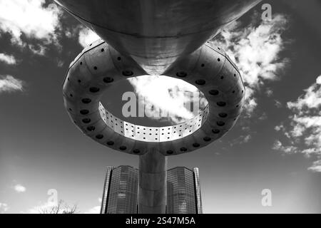 Detroit, MI USA -August 30, 2020: Horace E Dodge memorial fountain located in hart plaza, Detroit downtown .The fountain was designed by Isamu Noguchi Stock Photo