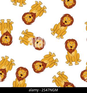 Seamless Pattern From Funny Cartoon Character Lion With Growl Opened Mouth Sitting on a Floor Over White Background. Hand Drawn in Front View Elegant Cute Design. Vector illustration. Stock Vector