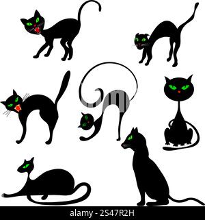 Halloween Holiday Elements Set. Collection With Black Cats in Different Poses Over White Background for Creating Halloween Designs.  Vector illustration. Stock Vector