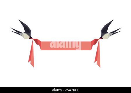 Illustration with origami swallows holding banner isolated on white background Stock Vector
