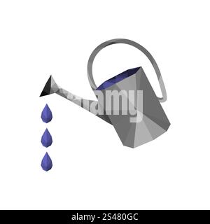 Illustration of origami watering can with water drops isolated on white background Stock Vector