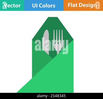 Flat design icon of fork and knife wrapped napkin in ui colors. Vector illustration. Stock Vector