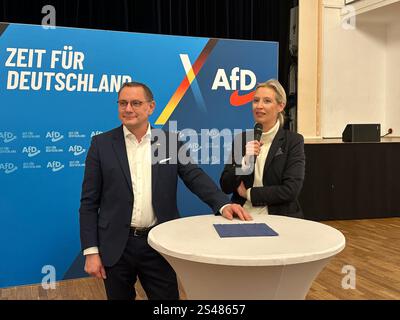 Riesa, Germany. 10th Jan, 2025. AfD leaders Tino Chrupalla (l) and Alice Weidel greet journalists at a press reception on the evening before the start of the AfD party conference. Credit: Jörg Ratzsch/dpa/Alamy Live News Stock Photo