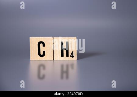 Yellow road sign for danger with CH4 text against blurred meadow in background. Concept for methane emissions, climate change, global warming. Stock Photo