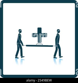 Icon of football medical staff carrying stretcher. Shadow reflection design. Vector illustration. Stock Vector