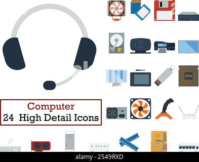 Set of 24 Computer Icons. Flat color design. Vector illustration. Stock Vector