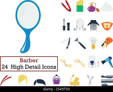 Set of 24 Barber Icons. Flat color design. Vector illustration. Stock Vector