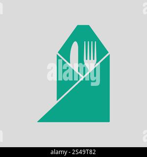 Fork and knife wrapped napkin icon. Gray background with green. Vector illustration. Stock Vector