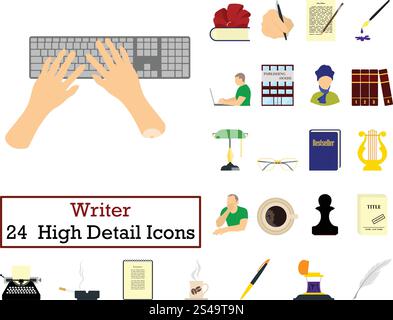 Set of 24 Writer Icons. Flat color design. Vector illustration. Stock Vector