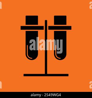 Lab flasks attached to stand icon. Orange background with black. Vector illustration. Stock Vector