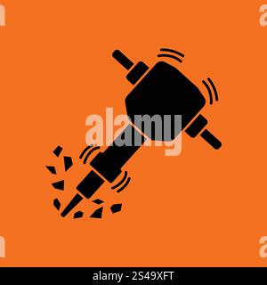 Icon of Construction jackhammer. Orange background with black. Vector illustration. Stock Vector