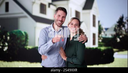 Portrait Of Happy Young Family Standing In Front Of Their House Stock Photo