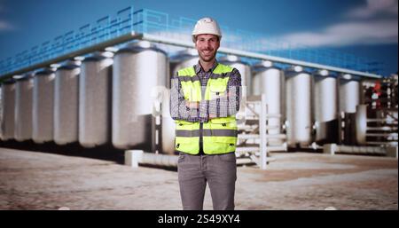 Silo Industrial Facility Manager At Work. Safety Inspector Portrait Stock Photo