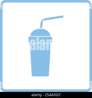 Disposable soda cup and flexible stick icon. Blue frame design. Vector illustration. Stock Vector