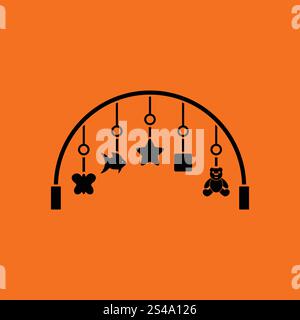 Baby arc with hanged toys icon. Orange background with black. Vector illustration. Stock Vector