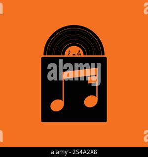 Vinyl record in envelope icon. Orange background with black. Vector illustration. Stock Vector