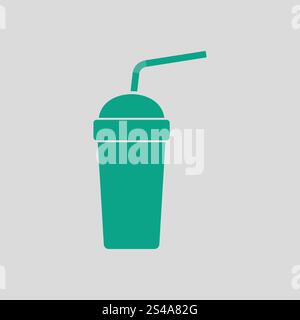 Disposable soda cup and flexible stick icon. Gray background with green. Vector illustration. Stock Vector