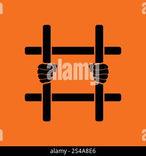 Hands holding prison bars icon. Orange background with black. Vector illustration. Stock Vector