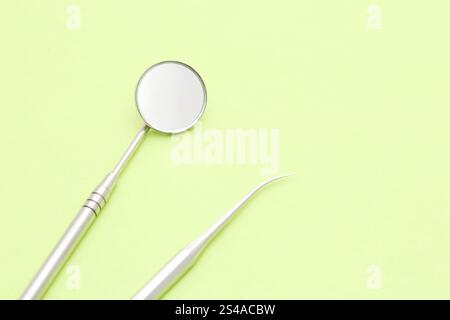 Dental medical equipment tools. Dental mirror and plaque removal. Stock Photo