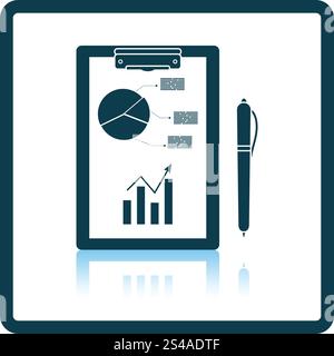 Writing tablet with analytics chart and pen icon. Shadow reflection design. Vector illustration. Stock Vector