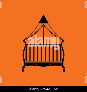 Crib with canopy icon. Orange background with black. Vector illustration. Stock Vector