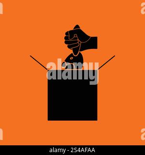 Rabbit in magic box icon. Orange background with black. Vector illustration. Stock Vector