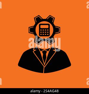 Analyst with gear hed and calculator inside icon. Orange background with black. Vector illustration. Stock Vector