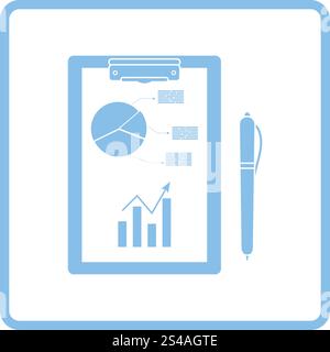 Writing tablet with analytics chart and pen icon. Blue frame design. Vector illustration. Stock Vector