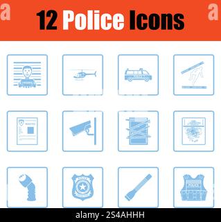 Set of police icons. Set of police icons. Blue frame design. Vector illustration. Stock Vector
