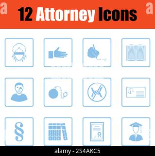 Set of attorney icons. Set of attorney icons. Blue frame design. Vector illustration. Stock Vector