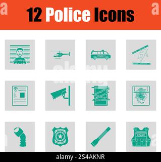 Set of police icons. Green on gray design. Vector illustration. Stock Vector