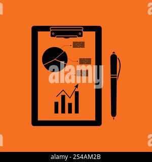 Writing tablet with analytics chart and pen icon. Orange background with black. Vector illustration. Stock Vector
