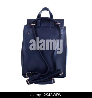 Back side of leather blue backpack isolated on white background Stock Photo