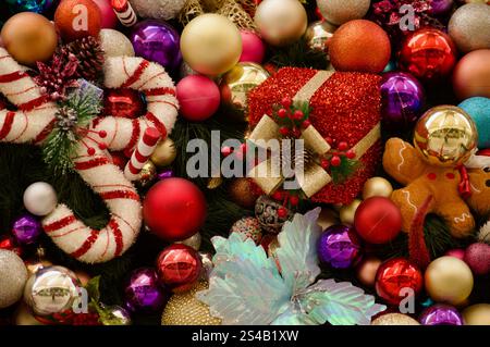 Festive Arrangement of Christmas Ornaments and Holiday Decorations Stock Photo