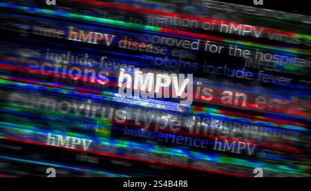 hMPV virus epidemic and metapneumovirus outbreak headline news across international media. Abstract concept of news titles on noise displays. TV glitc Stock Photo