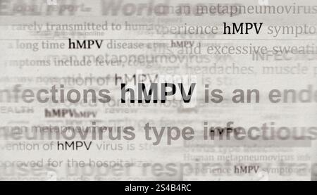 hMPV virus epidemic and metapneumovirus outbreak headline news across international media. Abstract concept of news titles on noise displays. TV glitc Stock Photo