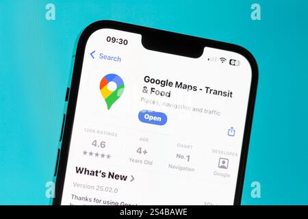 Ostersund, Sweden - Jan 11, 2025. Google Maps app on a smartphone. Google Maps is a web mapping platform and consumer application offered by Google. Stock Photo