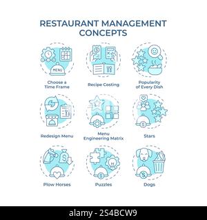 Restaurant management soft blue concept icons Stock Vector