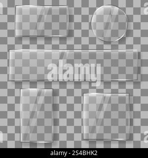 Transparent vector glass plates banners on plaid background. Transparent vector glass plates banners on plaid background. Glass banners panels or glass frames on transparent background vector illustration Stock Vector