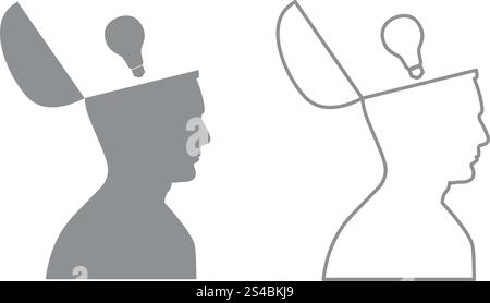 Man with  lightbulb idea in open head icon set .. Man with  lightbulb idea in open head icon. It is grey set . Stock Vector