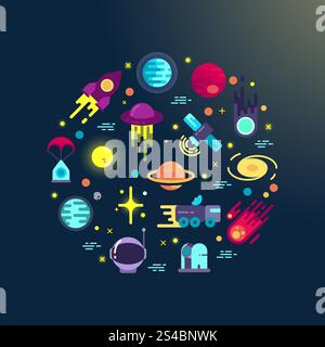 Space flat icons composition. Space abstract background with flat space icons in circle composition. Space exploration infographic element Stock Vector