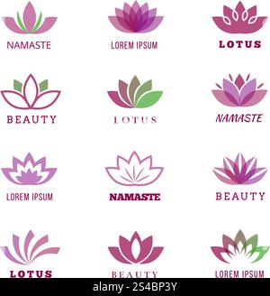 Vector spa, boutique, beauty salon, cosmetician, shop, yoga class, hotel and resort logo set with lotus flowers. Vector spa, boutique, beauty salon, cosmetician, shop, yoga class, hotel and resort logo set with lotus flowers. Lotus namaste boutique, cosmetician lotus icon, lotus yoga class illustration Stock Vector