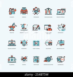 Distance education, online tutorials courses, video and staff training, digital library vector line icons with flat elements. Distance education, online tutorials and courses, video training, staff training, digital library vector icons. Course education, technology education internet, e-learning ducation illustration Stock Vector