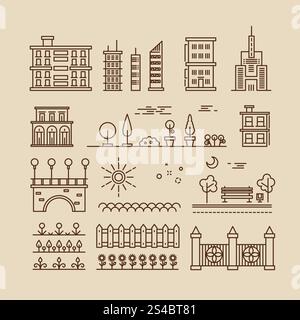 Linear cityscape, landscape elements and buildings vector icons set. Linear cityscape, landscape elements and buildings vector icons set. Building city architecture, house building linear, urban building illustration Stock Vector